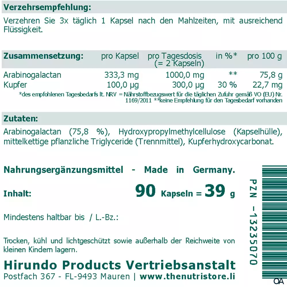 The Nutri Store Arabinogalactan Kupfer Kapseln