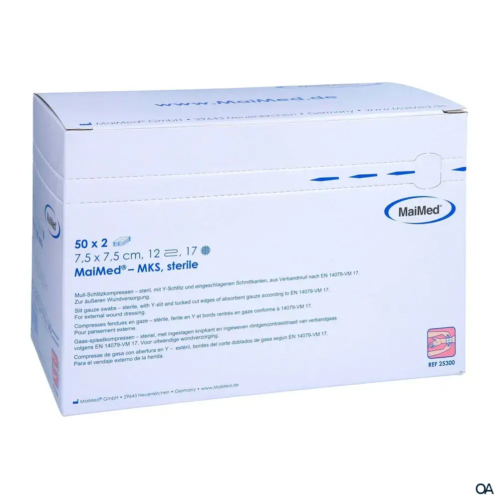 MaiMed® - MKS steril Mull Schlitzkompressen mit Y-Schlitz, 12-fach, 7,5 x 7,5 cm, 50 x 2 Stück