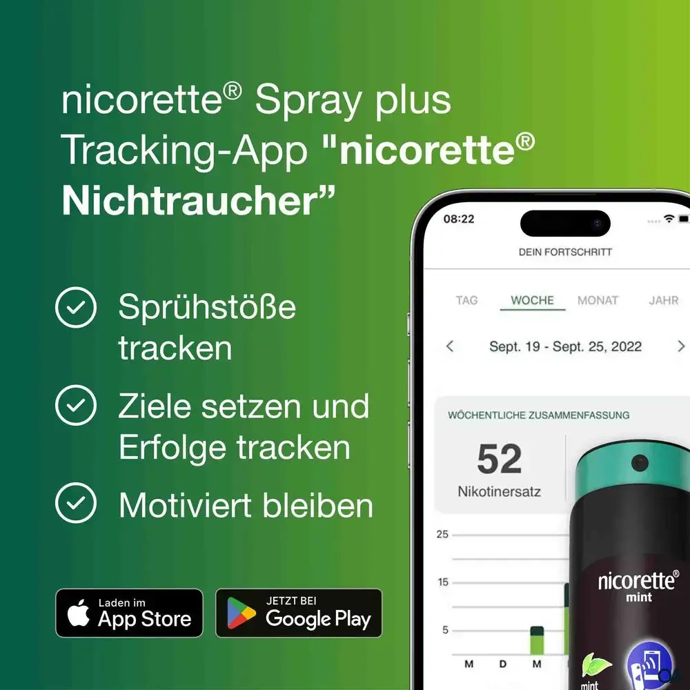 Nicorette® Fruit & Mint Spray 1 mg/Sprühstoß Spray zur Anwendung in der Mundhöhle, Lösung Nicorette® Fruit & Mint Spray 1 mg/Sprühstoß Spray zur Anwendung in der Mundhöhle, Lösung