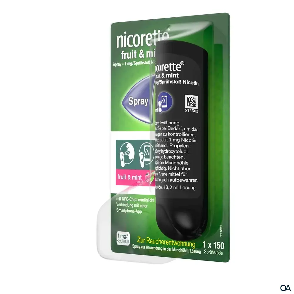 Nicorette® Fruit & Mint Spray 1 mg/Sprühstoß Spray zur Anwendung in der Mundhöhle, Lösung Nicorette® Fruit & Mint Spray 1 mg/Sprühstoß Spray zur Anwendung in der Mundhöhle, Lösung
