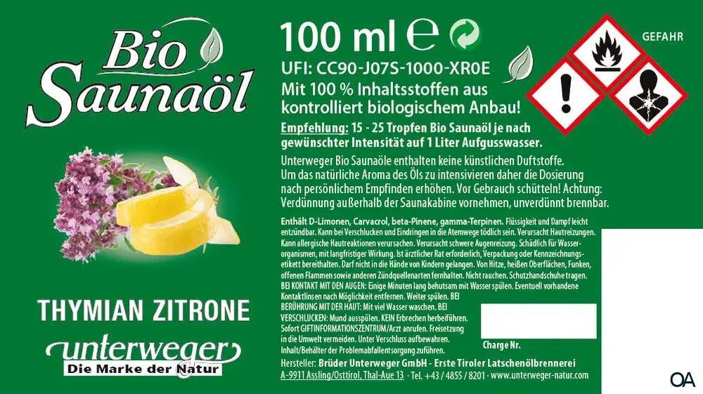 Unterweger Bio Saunaöl Thymian Zitrone