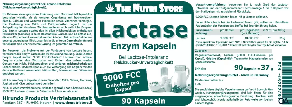 The Nutri Store Lactase 9.000 FCC Enzym Kapseln