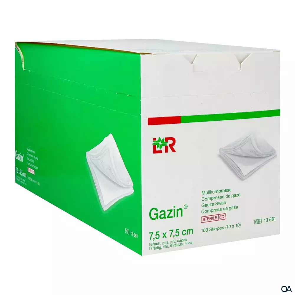 Gazin® Mullkompressen steril, 16-fach, 17-fädig, 7,5 x 7,5 cm, 10 x 10 Stück