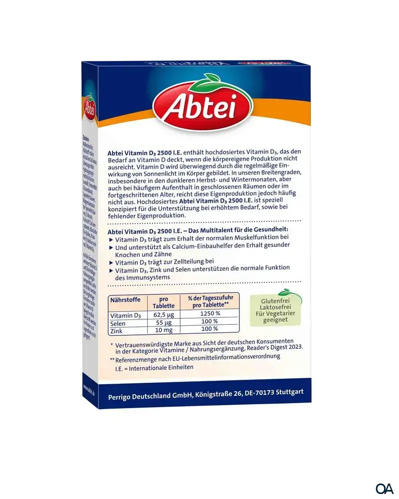 Abtei Vitamin D3 2500 I.E. + Zink + Selen Tabletten
