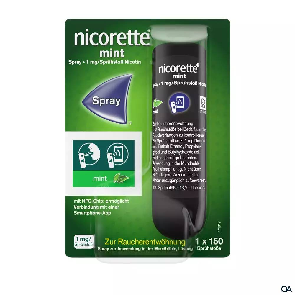Nicorette Mint Spray 1 mg/Sprühstoß Spray zur Anwendung in der Mundhöhle, Lösung  Nicorette Mint Spray 1 mg/Sprühstoß Spray zur Anwendung in der Mundhöhle, Lösung