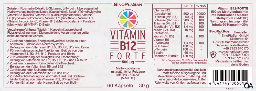 SinoPlaSan Vitamin B12 FORTE 500 mcg Methylcobalamin Kapseln