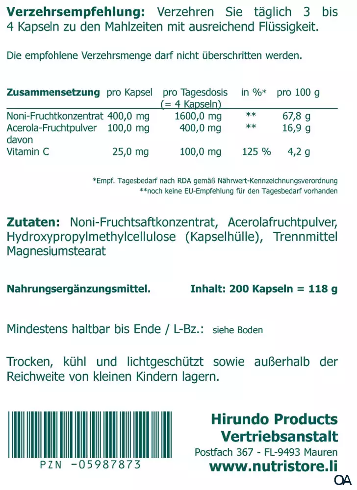 The Nutri Store Noni Morinda citrifolia Kapseln