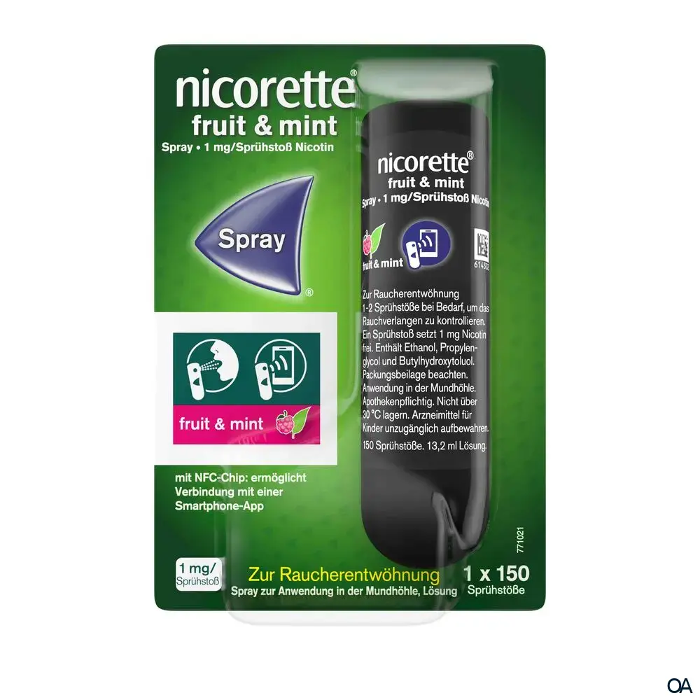 Nicorette® Fruit & Mint Spray 1 mg/Sprühstoß Spray zur Anwendung in der Mundhöhle, Lösung Nicorette® Fruit & Mint Spray 1 mg/Sprühstoß Spray zur Anwendung in der Mundhöhle, Lösung