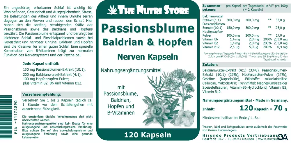The Nutri Store Passionsblume Baldrian & Hopfen Nerven Kapseln