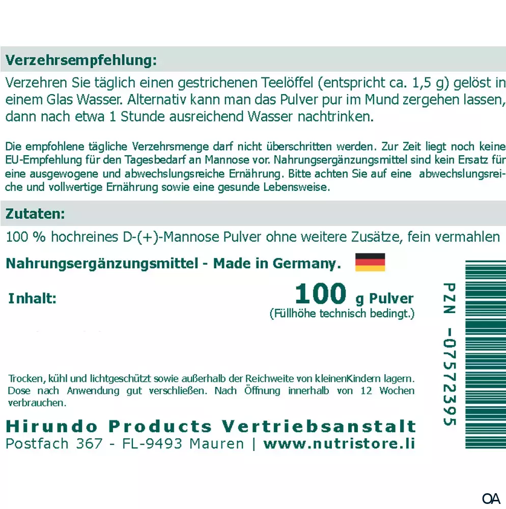 The Nutri Store Mannose 100 % rein Pulver