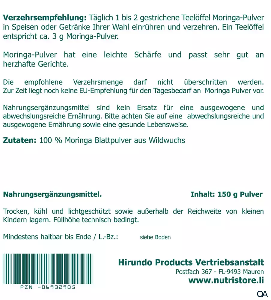 The Nutri Store Premium Moringa Blattpulver