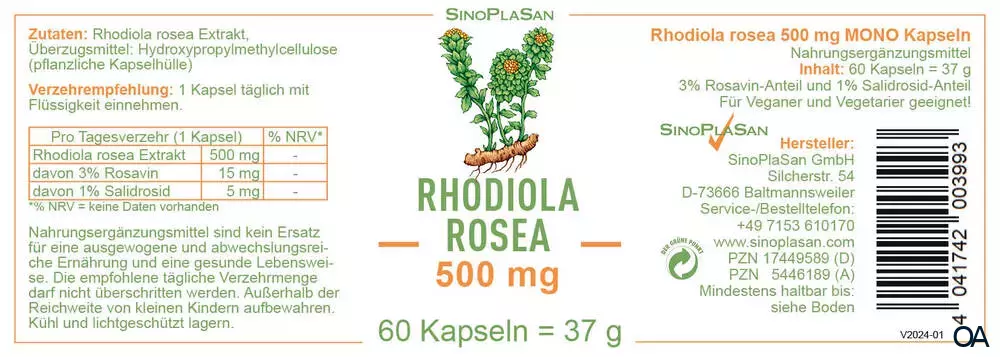 SinoPlaSan Rhodiola Rosea 500 mg MONO Kapseln