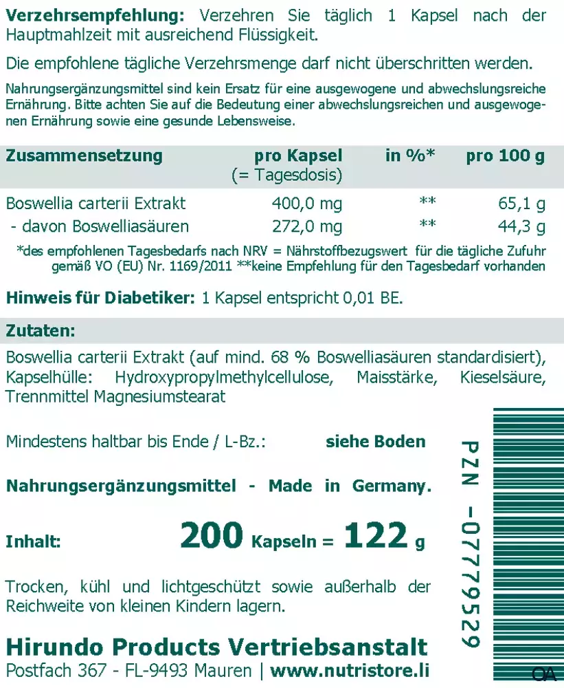The Nutri Store Boswellia carterii 400 mg Extrakt Kapseln 