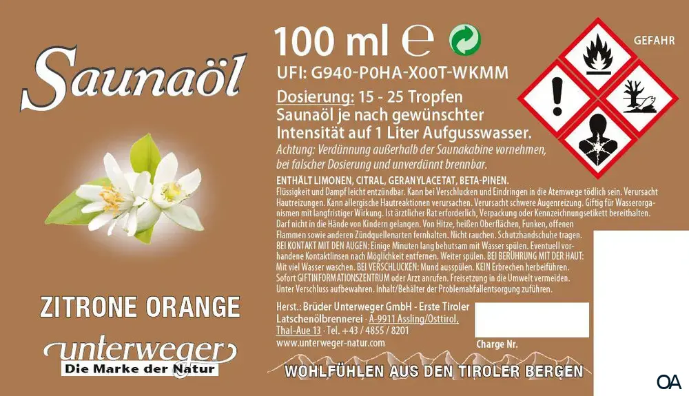 Unterweger Saunaöl Zitrone Orange