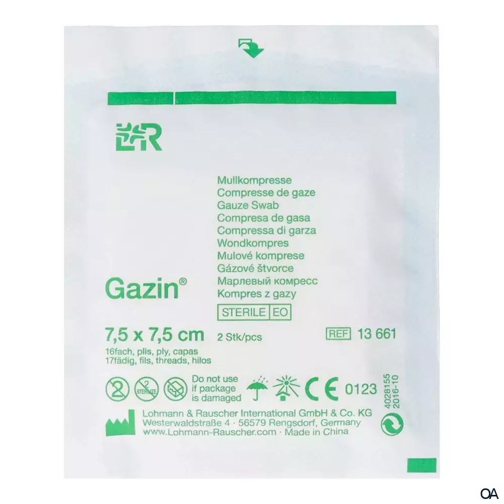 Gazin® Mullkompressen steril, 16-fach, 17-fädig, 7,5 x 7,5 cm, 30 x 2 Stück