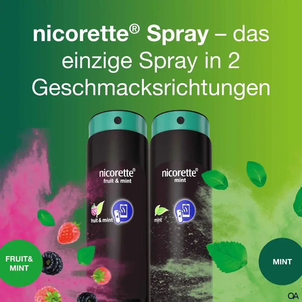 Nicorette® Fruit & Mint Spray 1 mg/Sprühstoß Spray zur Anwendung in der Mundhöhle, Lösung Nicorette® Fruit & Mint Spray 1 mg/Sprühstoß Spray zur Anwendung in der Mundhöhle, Lösung