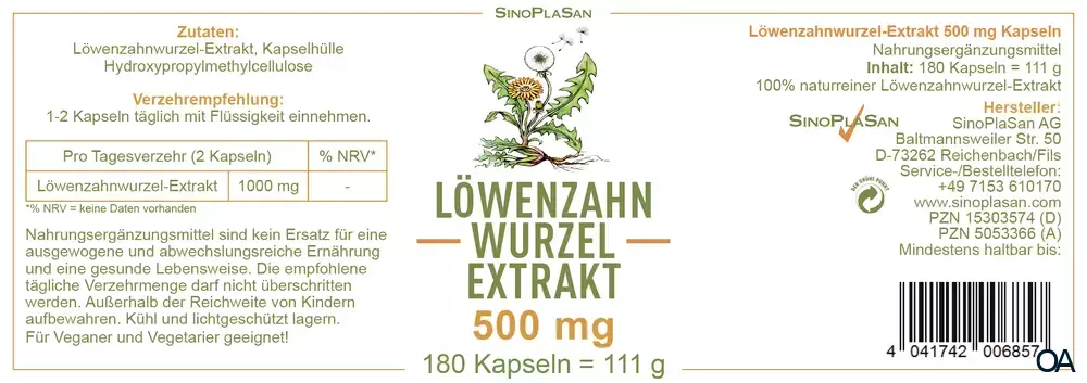 SinoPlaSan Löwenzahnwurzel-Extrakt 500 mg Kapseln