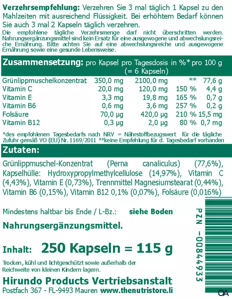 The Nutri Store Grünlipp Muschelkonzentrat Vitamin Kapseln