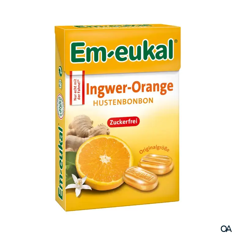 Em-eukal Ingwer-Orange Hustenbonbons Box, zuckerfrei
