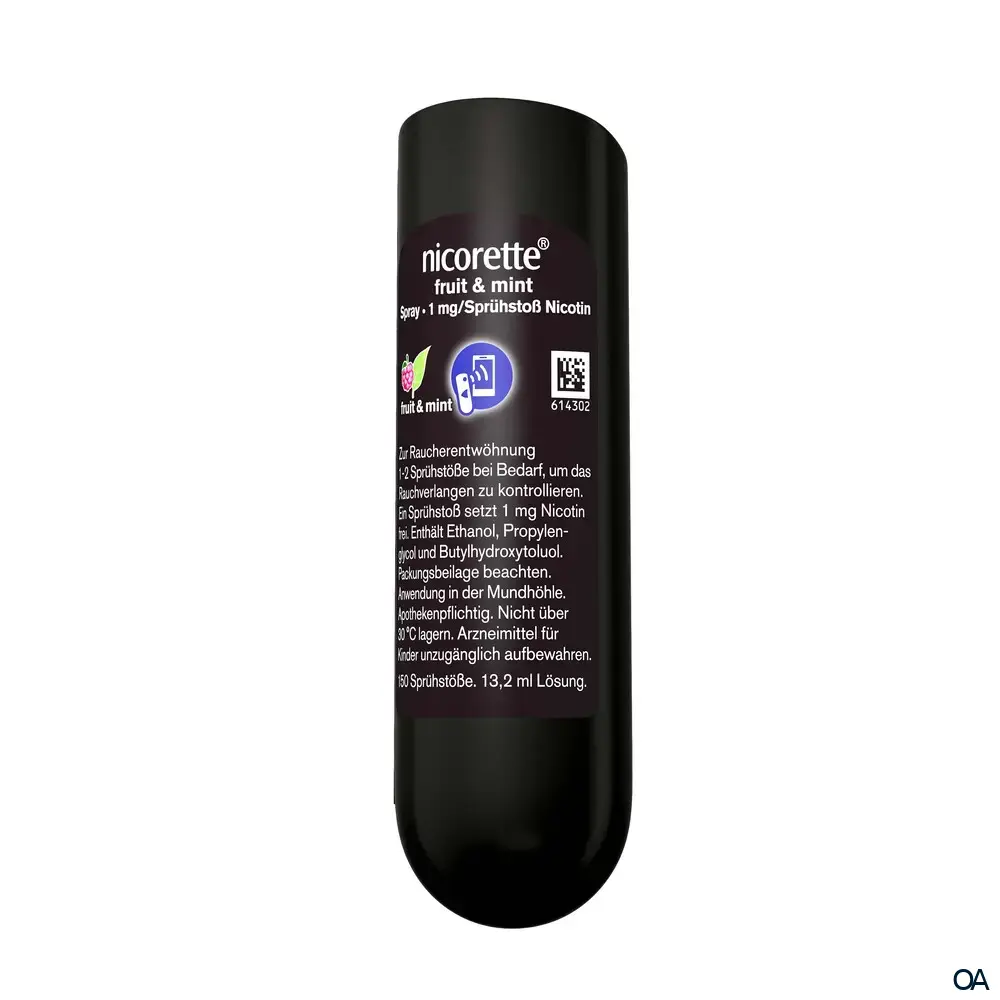 Nicorette® Fruit & Mint Spray 1 mg/Sprühstoß Spray zur Anwendung in der Mundhöhle, Lösung Nicorette® Fruit & Mint Spray 1 mg/Sprühstoß Spray zur Anwendung in der Mundhöhle, Lösung