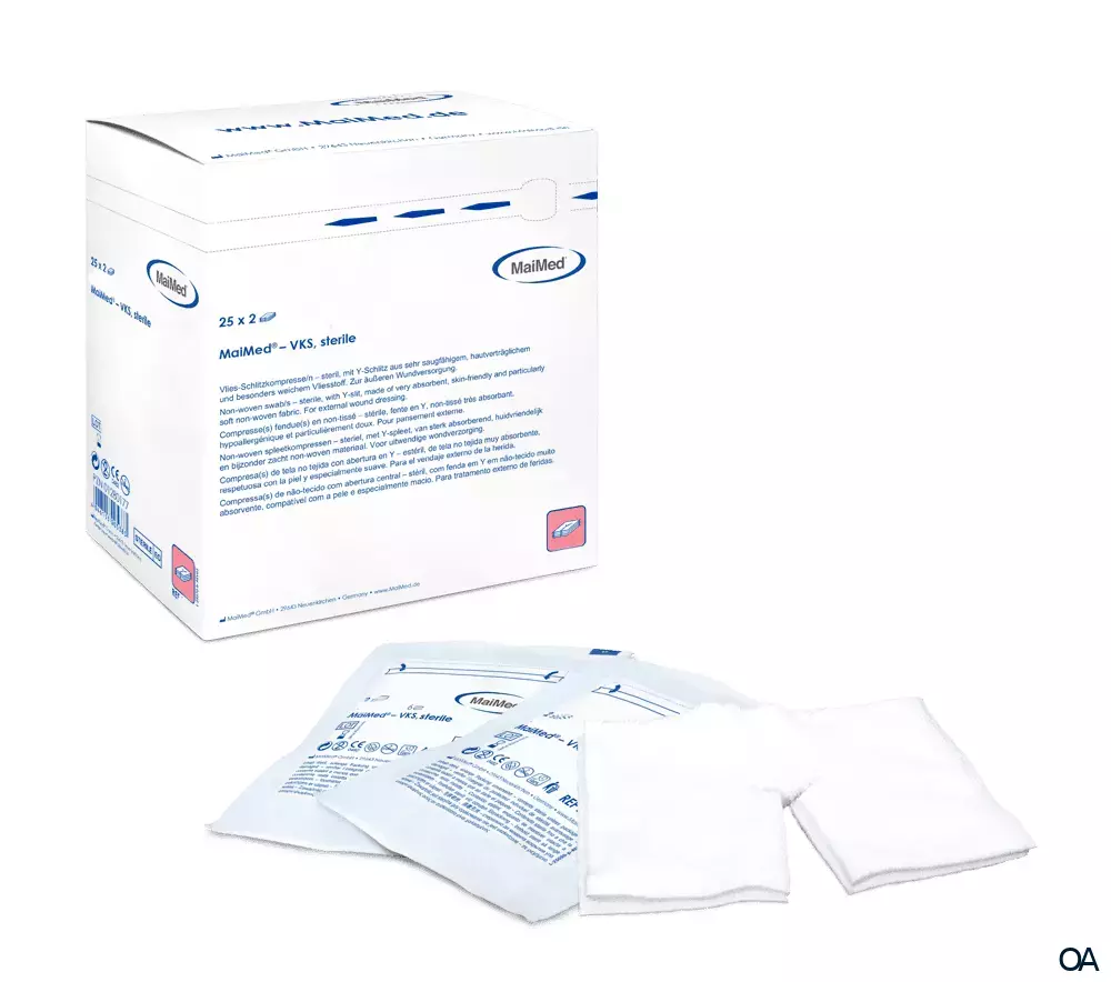 MaiMed Vlies-Schlitzkompressen mit Y-Schlitz, 6-fach, steril, 5 x 5 cm, 25 x 2 Stück MaiMed Vlies-Schlitzkompressen mit Y-Schlitz, 6-fach, steril, 5 x 5 cm, 25 x 2 Stück