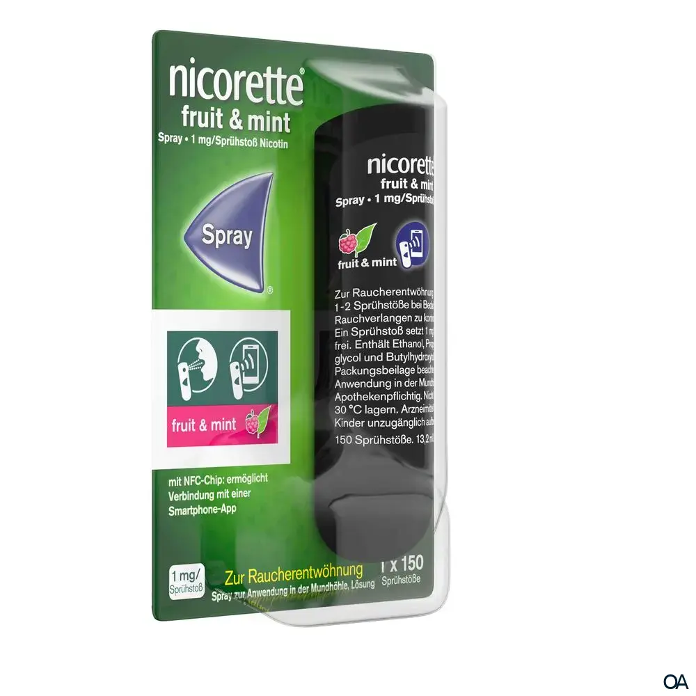 Nicorette® Fruit & Mint Spray 1 mg/Sprühstoß Spray zur Anwendung in der Mundhöhle, Lösung Nicorette® Fruit & Mint Spray 1 mg/Sprühstoß Spray zur Anwendung in der Mundhöhle, Lösung