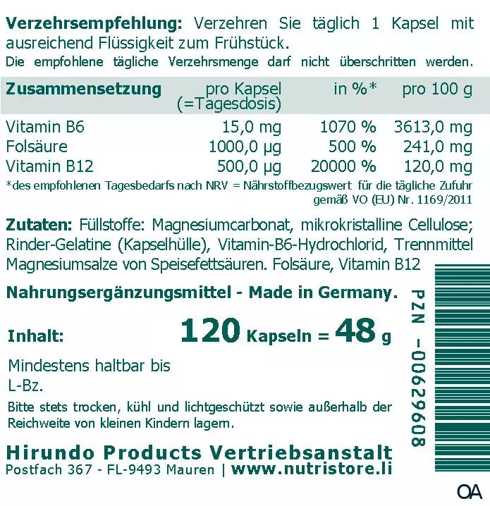 The Nutri Store Folsäure plus B12 + B6 Kapseln