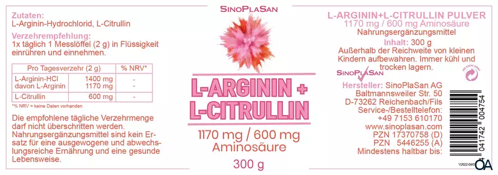 SinoPlaSan L-Arginin + L-Citrullin Pulver