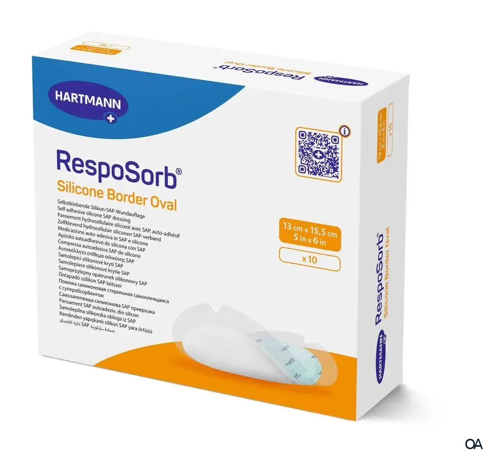 RespoSorb® Silicone Border Oval selbsthaftende superabsorbierende Saugkompresse mit Silikonwundkontaktschicht steril, 13 x 15,5 cm